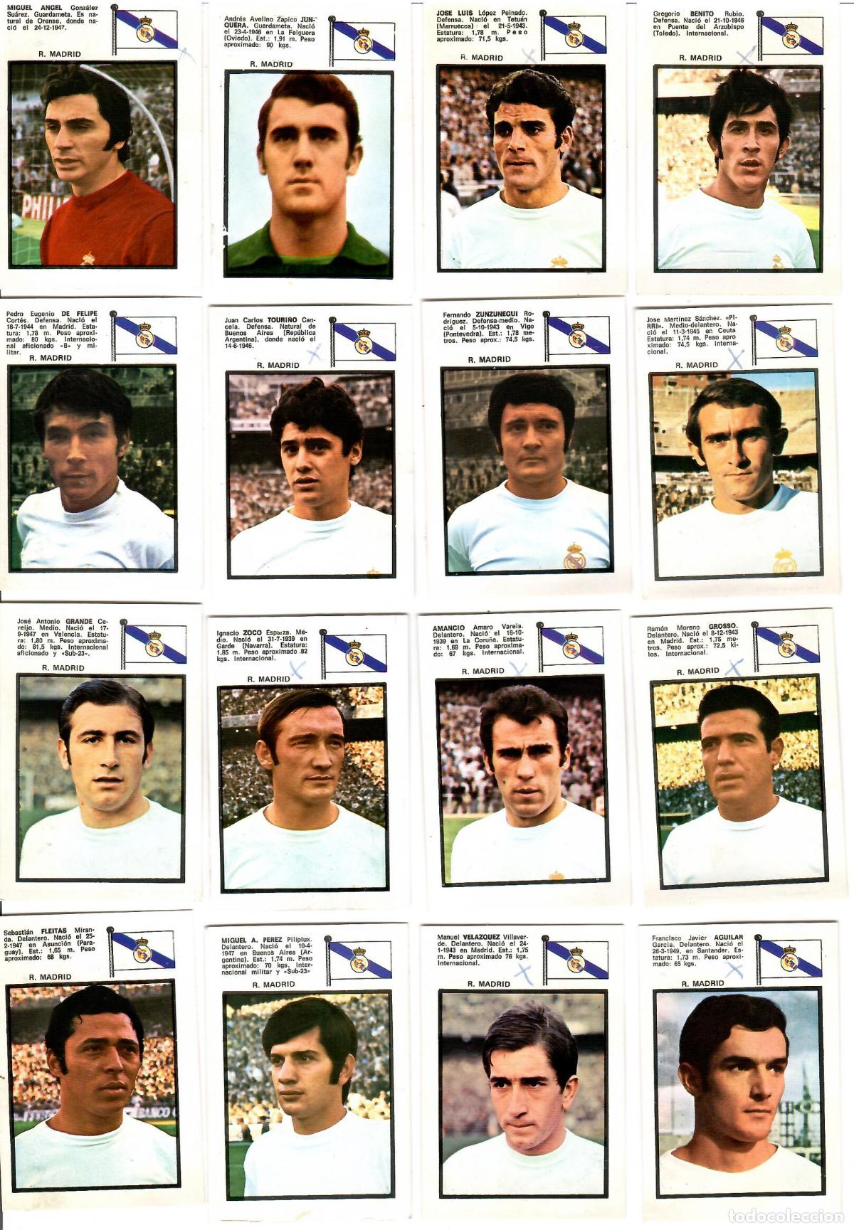 Cromos de F&uacute;tbol: R. Madrid: Lote de 16 cromos del album de futbol Campeonato de Liga 1971-72, FHER (Eq. Completo)