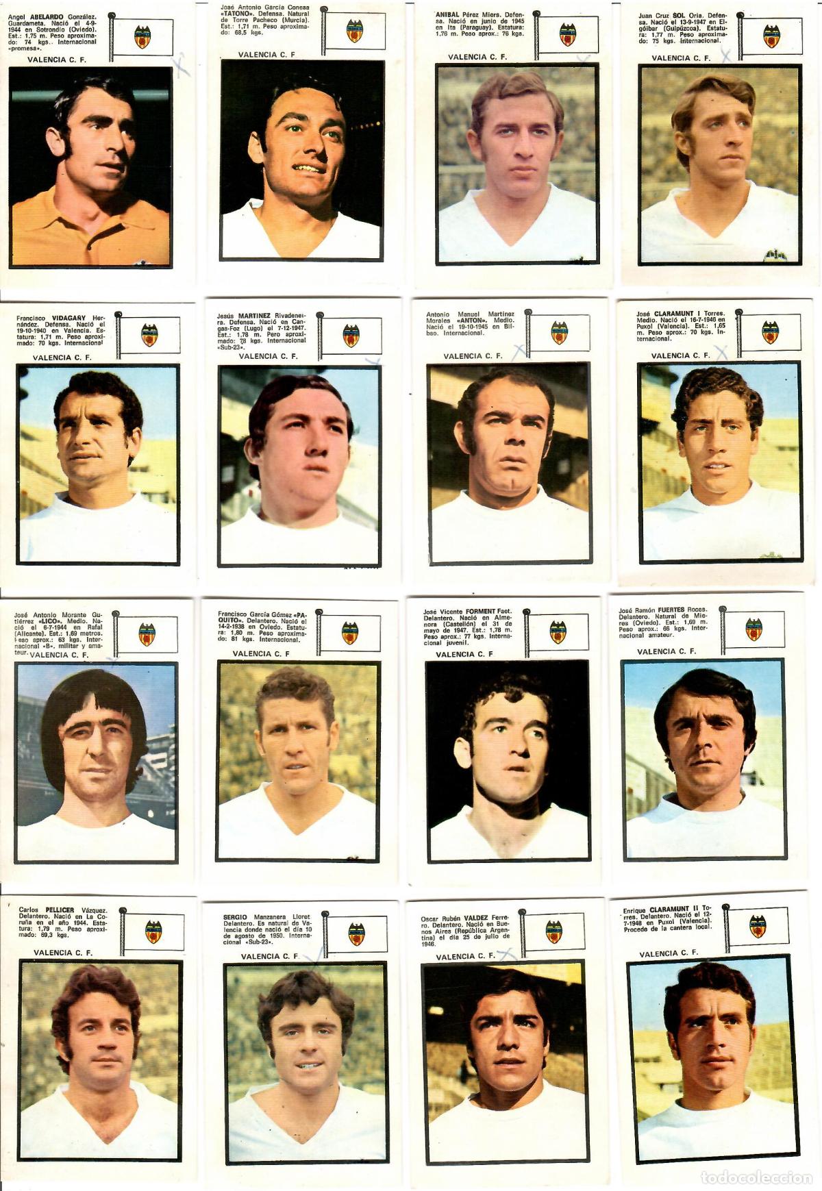Cromos de F&uacute;tbol: Valencia C.F.: Lote de 16 cromos del album de futbol Campeonato de Liga 1971-72, FHER (Eq. Completo)