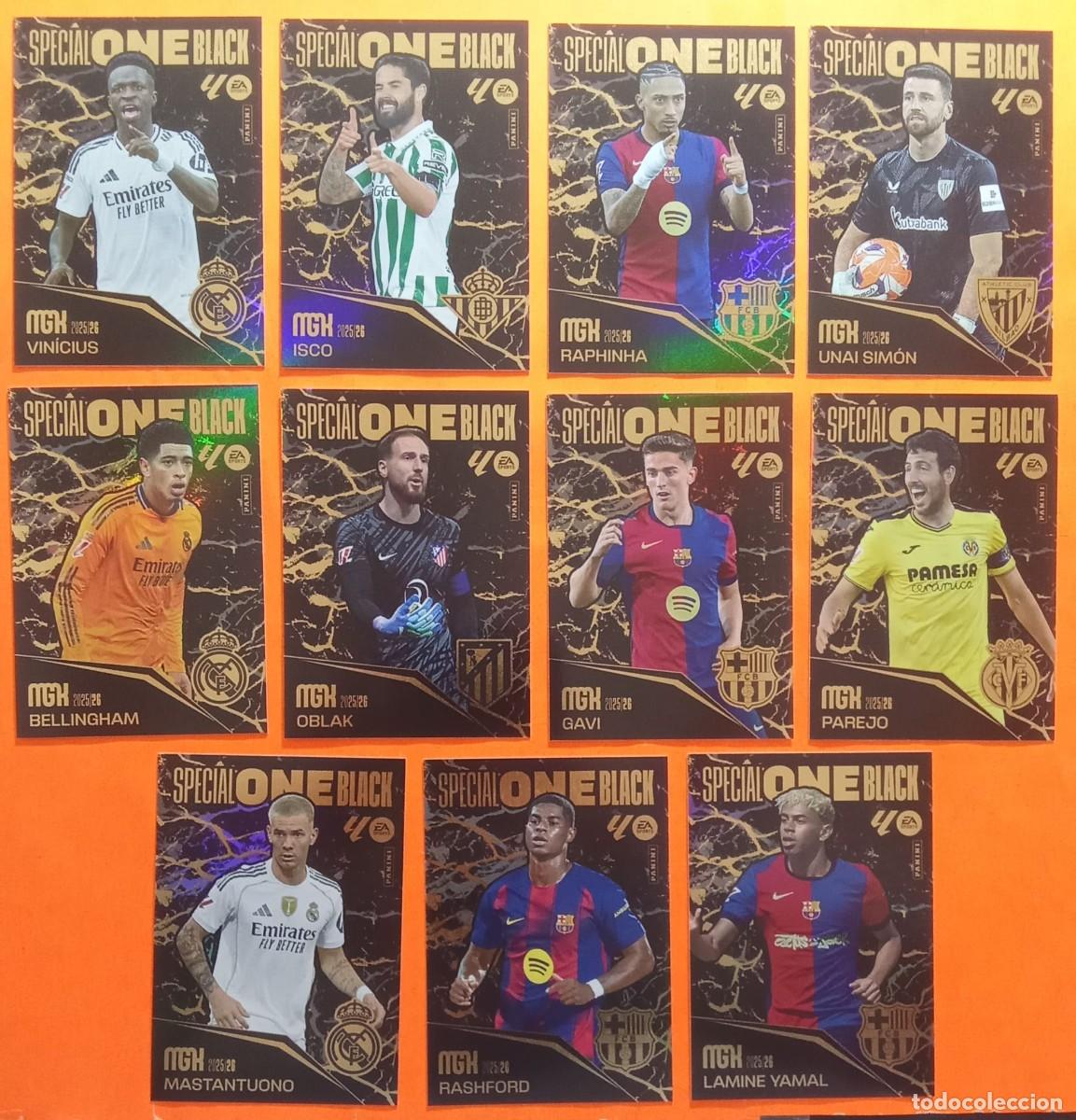 Cromos de F&uacute;tbol: LOTE COMPLETO SPECIAL ONE BLACK MEGACRACKS 25-26 MASTANTUONO RASHFORD YAMAL RAPHINHA ISCO...