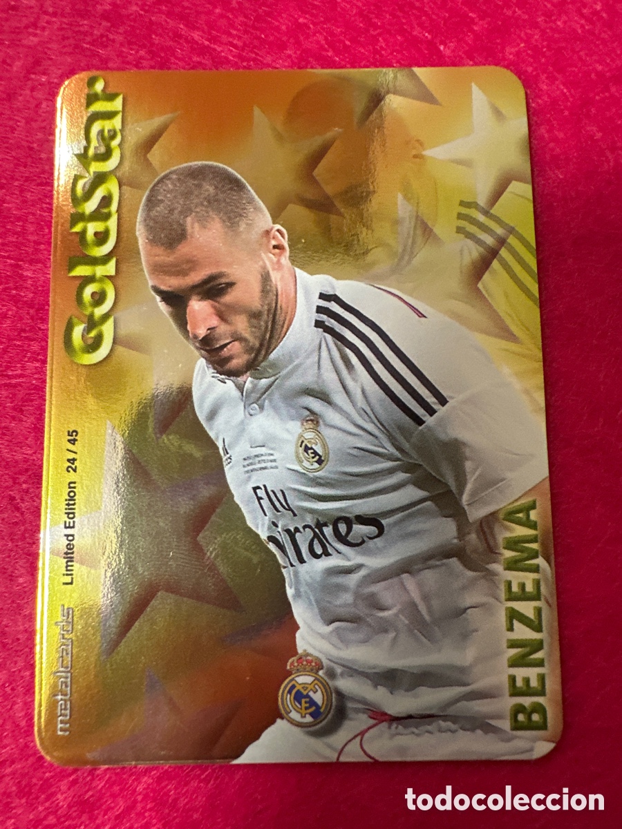Football Stickers: 24/45 BENZEMA(R.MADRID) GOLDSTAR BRILLO LISO MUNDICROMO 2015 14 15 LIMITED EDITION METALCARD