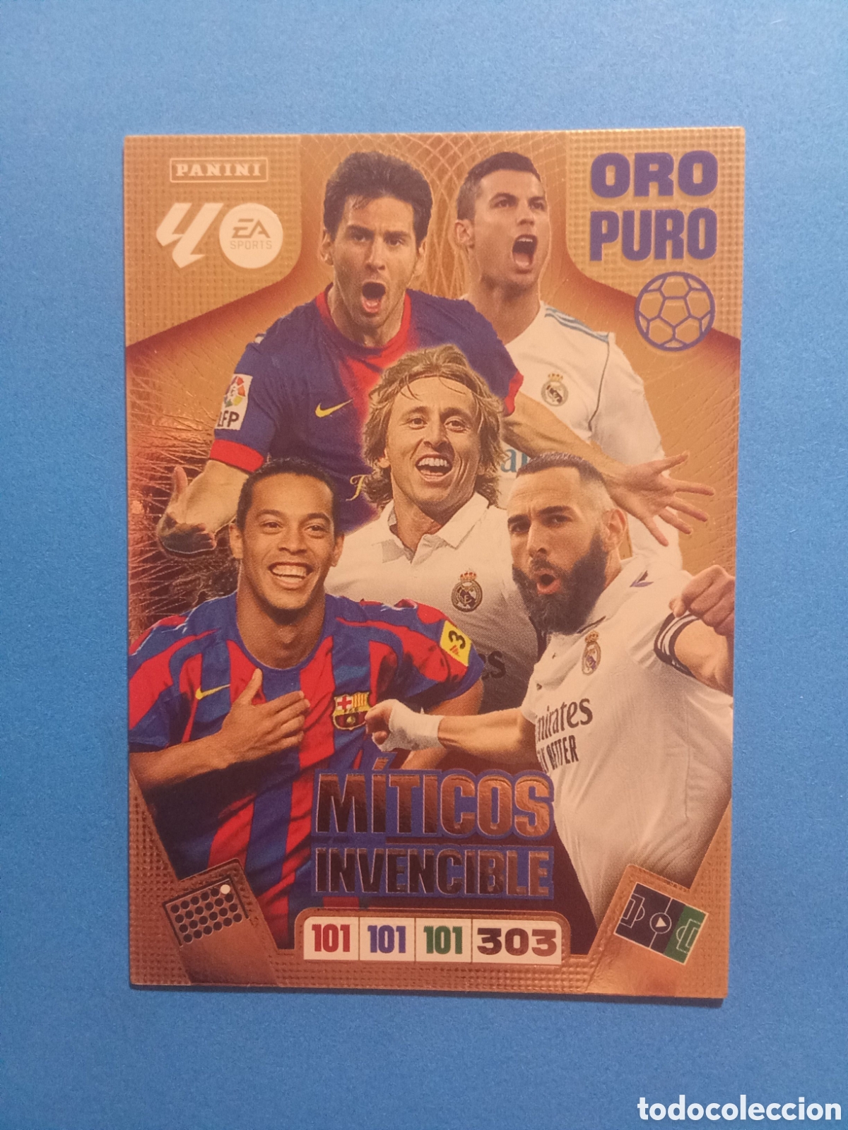 Cartes &agrave; collectionner de Football: CROMO MITICOS INVENCIBLE ORO PURO MESSI RONALDO MODRIC BENZEMA Y RONALDINHO ADRENALYN 25-26