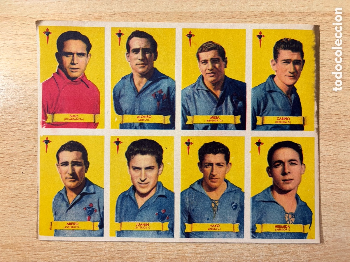 Cromos de F&uacute;tbol: L&aacute;mina de 8 cromos RC Celta de Vigo Ed. Bruguera Campeones 1949-50 sin cortar ni pegar