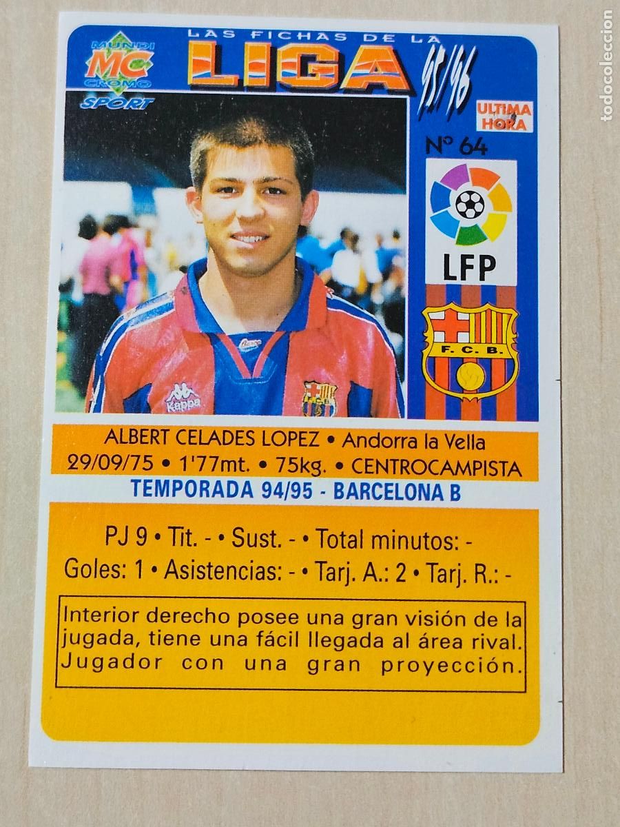 Cromos de Futebol: N&ordm; 64 ULTIMA HORA - CELADES - MUNDICROMO 95 96 FICHAS DE LA LIGA - BARCELONA - VERSION5 26