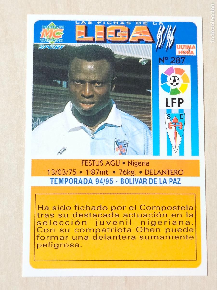Football Stickers: MUNDICROMO FICHAS DE LA LIGA 1995-1996 VERSION 287 FESTUS AGU COMPOSTELA 95-96
