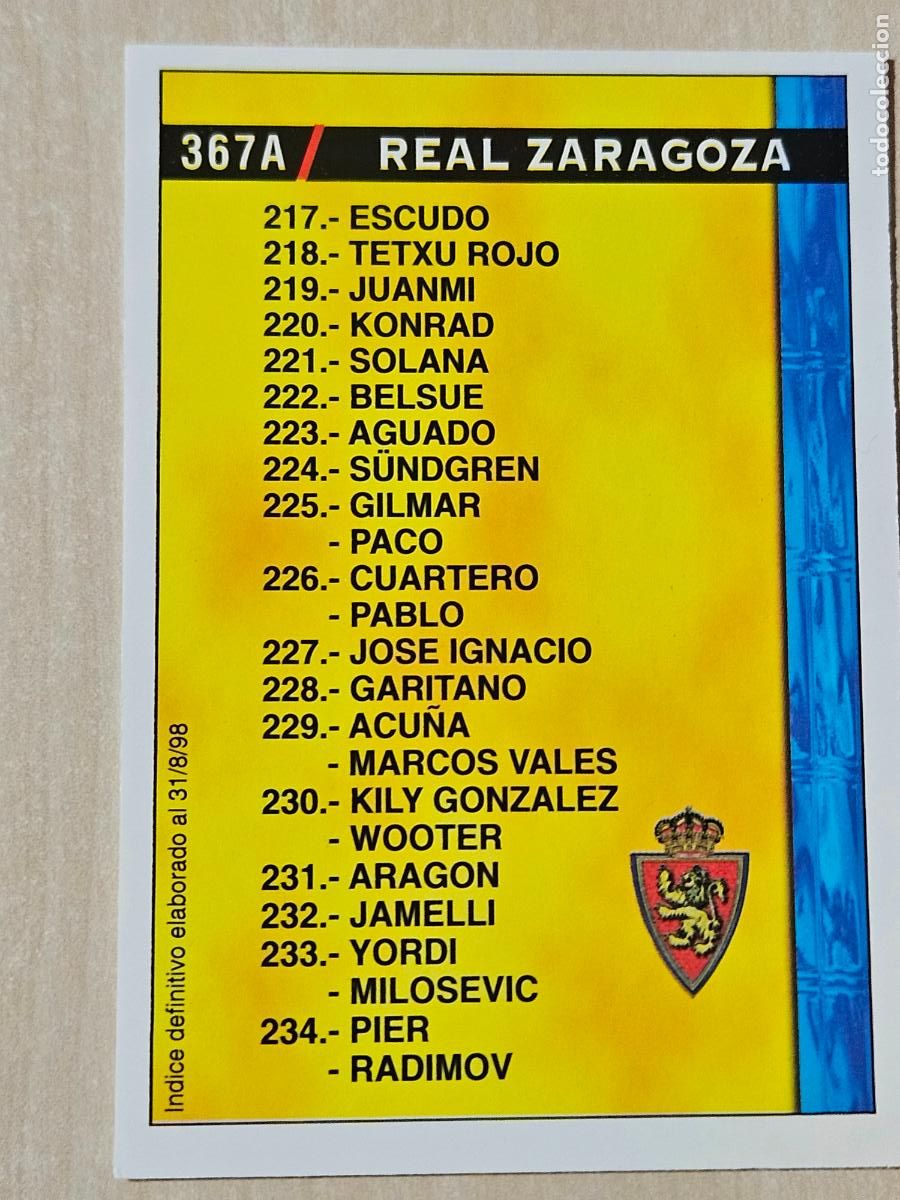 Cartes &agrave; collectionner de Football: N&ordm; 367 REAL ZARAGOZA - RACING - MUNDICROMO - FICHAS DE LA LIGA 98 99 - INDICE 31 AGOSTO