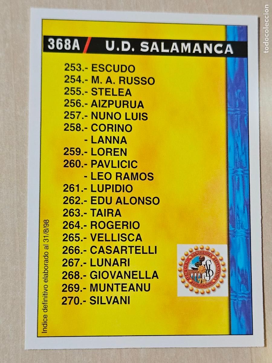 Cartes &agrave; collectionner de Football: N&ordm; 368 SALAMANCA - TENERIFE - MUNDICROMO - FICHAS DE LA LIGA 98 99 - INDICE 31 AGOSTO