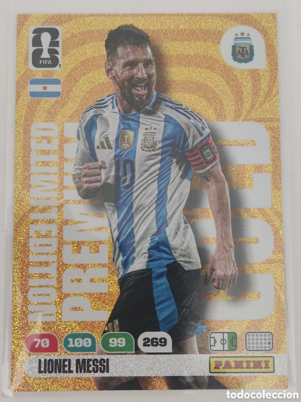 Cromos de F&uacute;tbol: Lionel Messi Limited Edition Premium Gold Panini Fifa World Cup 2026