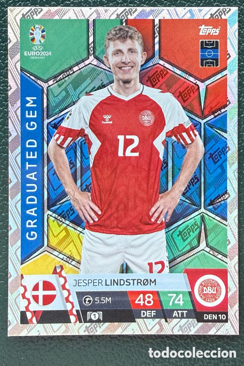 Fu&szlig;ball-Sticker: DEN 10 JESPER LINDSTROM DINAMARCA GRADUATED GEM FICHAS ALBUM TOPPS UEFA EURO 2024 MATCH ATTAX