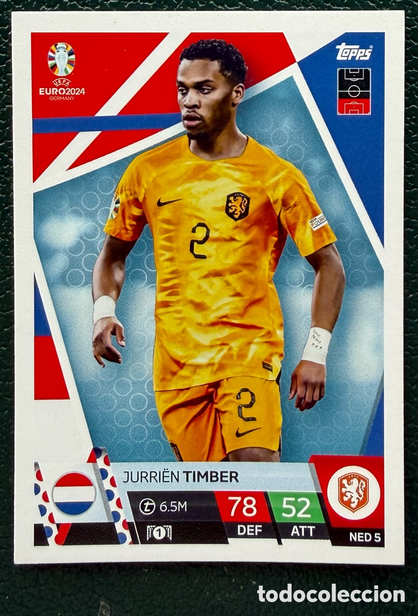 Fu&szlig;ball-Sticker: NED 5 JURRIEN TIMBER HOLANDA PAISES BAJOS FICHAS ALBUM TOPPS UEFA EURO 2024 MATCH ATTAX