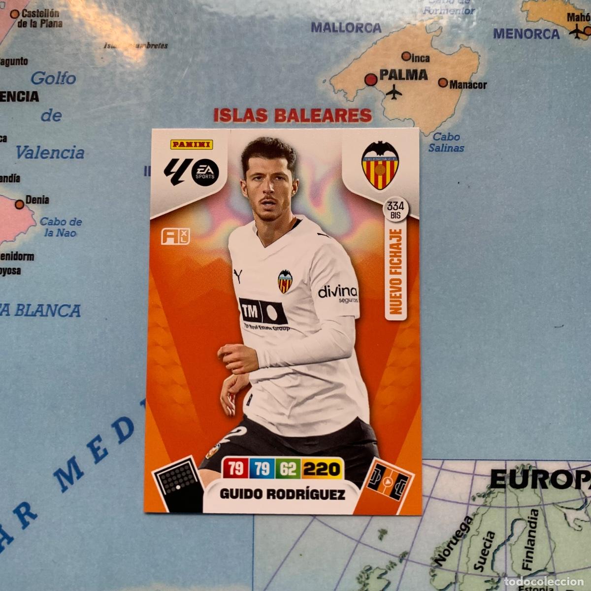 Cromos de F&uacute;tbol: Guido Rodr&iacute;guez nuevo fichaje n&uacute;mero 334 Bis del Valencia cromo adrenalyn XL 25-26 2025-2026
