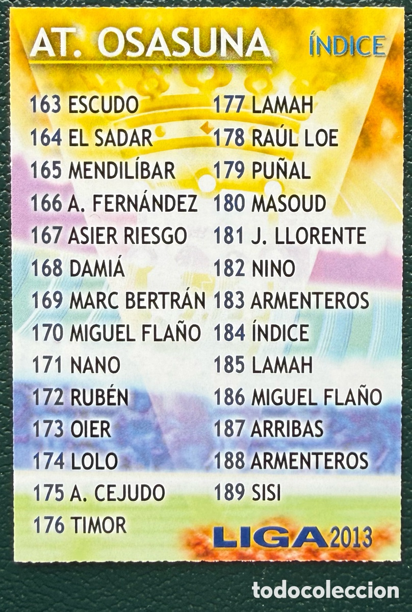 Cromos de F&uacute;tbol: 184 INDICE CA OSASUNA FICHAS ALBUM MUNDICROMO 2012 2013 12 13