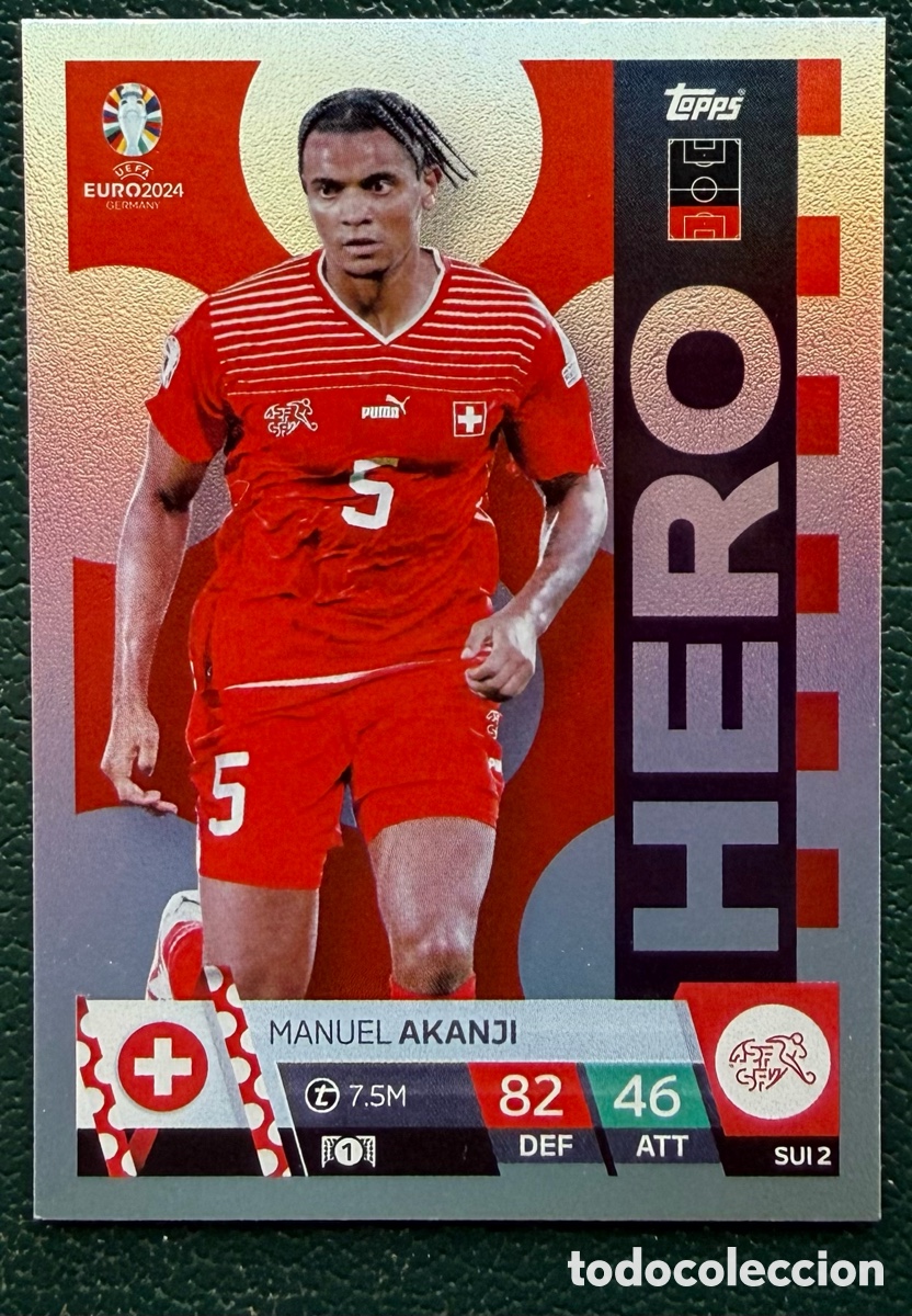 Football Stickers: SUI 2 MANUEL AKANJI SUIZA HERO FICHAS ALBUM TOPPS UEFA EURO 2024 MATCH ATTAX