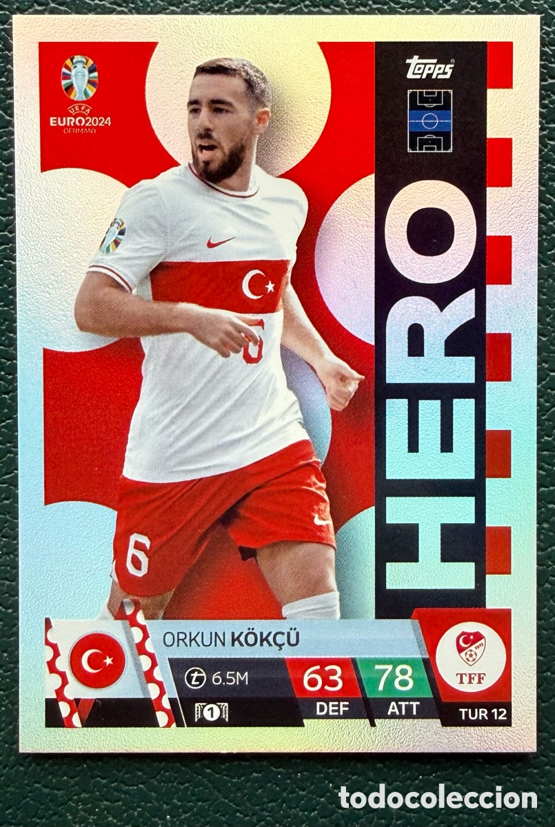 Figurine di Calcio: TUR 12 ORKUN KOK&Ccedil;U TURQUIA HERO FICHAS ALBUM TOPPS UEFA EURO 2024 MATCH ATTAX