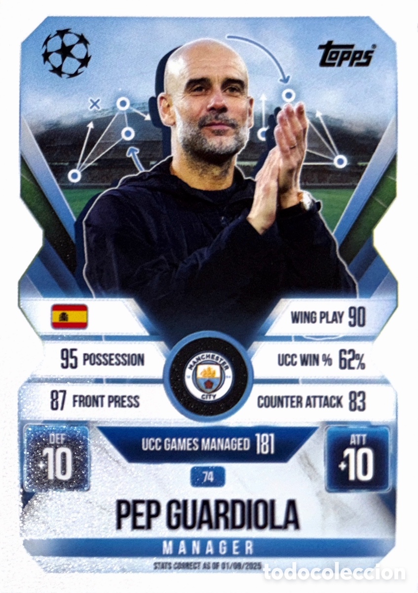 Cromos de F&uacute;tbol: 74. Pep Guardiola - Manchester City - (MATCH ATTAX EXTRA CHAMPIONS LEAGUE 2025/26) TOPPS