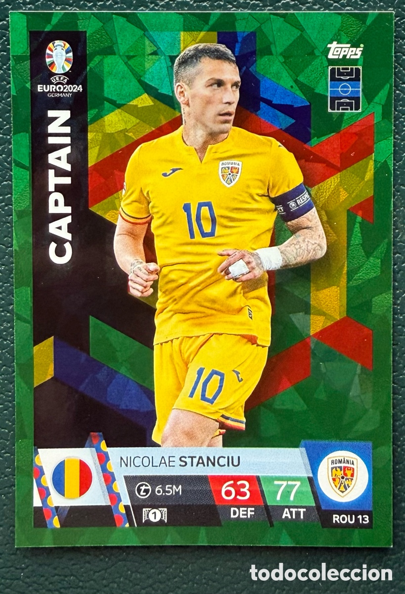 Cromos de Futebol: ROU 13 NICOLAE STANCIU RUMANIA CAPTAIN GREEN EMERALD FICHAS ALBUM TOPPS UEFA EURO 2024 MATCH ATTAX