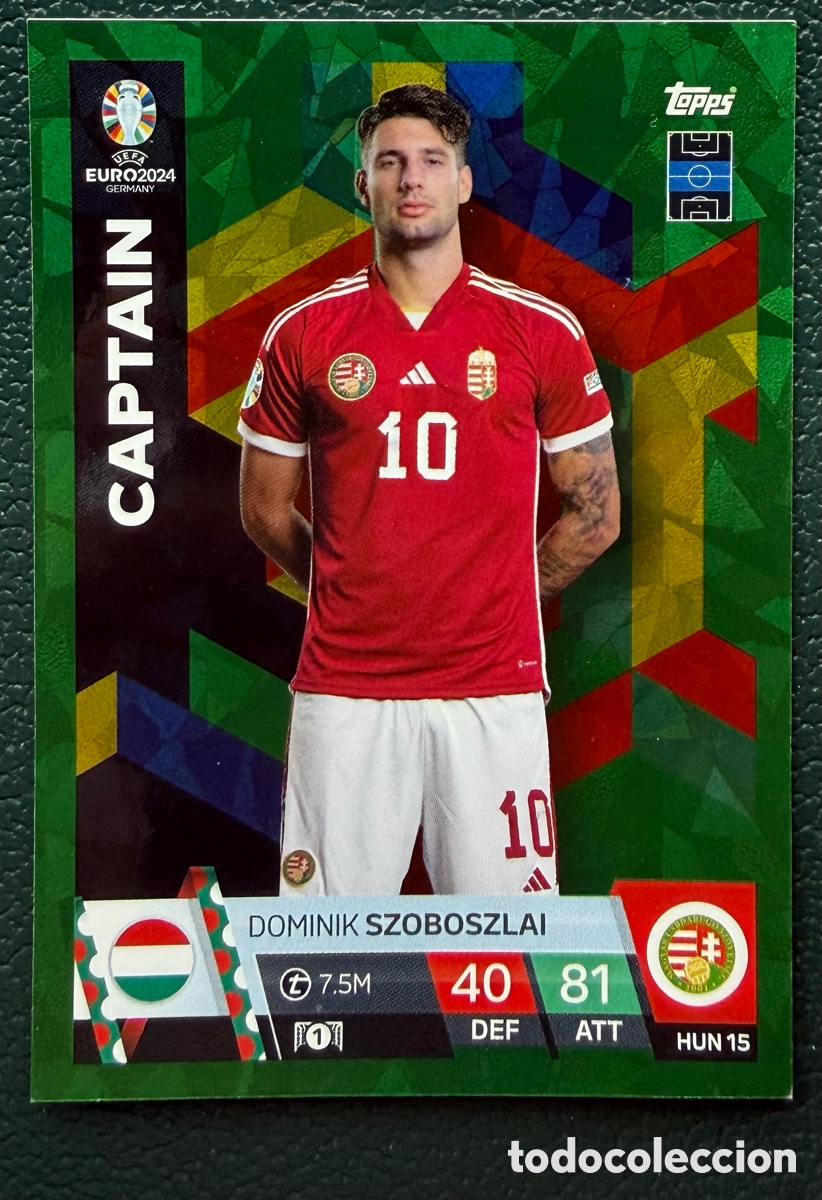 Fu&szlig;ball-Sticker: HUN 15 DOMINIK SZOBOSZLAI HUNGRIA CAPTAIN GREEN EMERALD FICHAS TOPPS UEFA EURO 2024 MATCH ATTAX