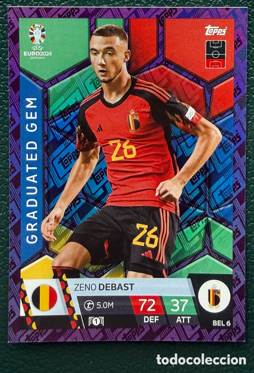 Fu&szlig;ball-Sticker: BEL 6 ZENO DEBAST BELGICA GRADUATED GEM PURPLE FICHAS ALBUM TOPPS UEFA EURO 2024 MATCH ATTAX