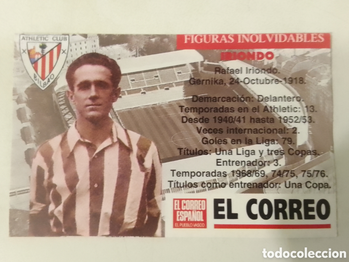 Cromos de F&uacute;tbol: Cromo El Correo Figuras Inolvidables Athletic Club. Iriondo.