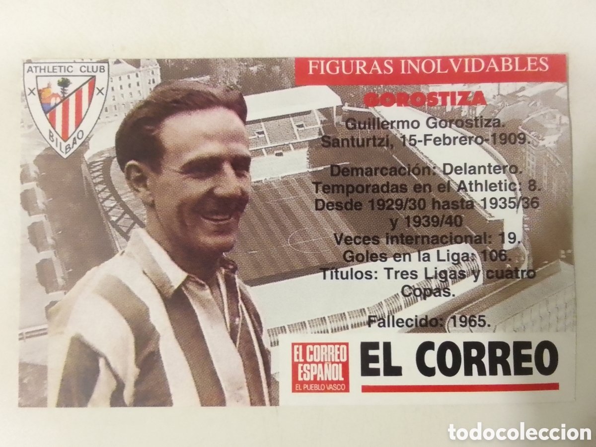 Cromos de F&uacute;tbol: Cromo El Correo Figuras Inolvidables Athletic Club. Gorostiza.