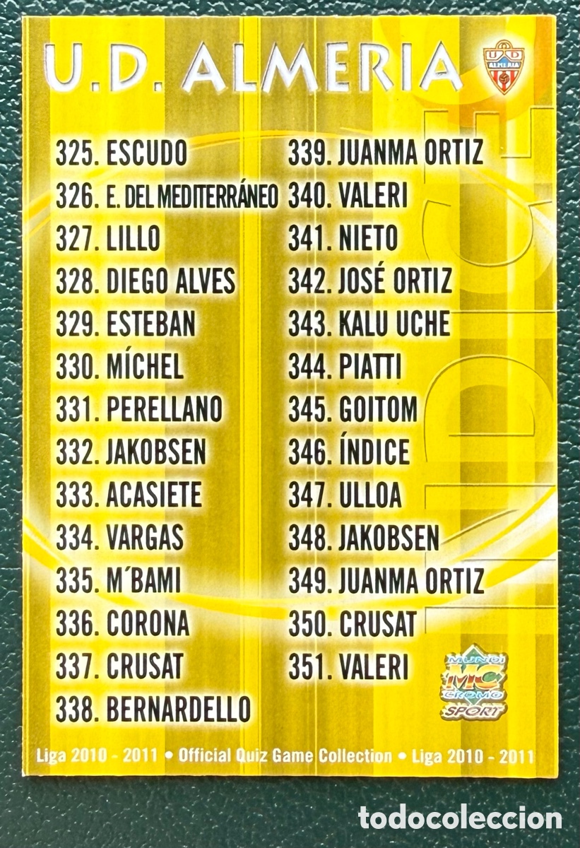 Cromos de F&uacute;tbol: 346 INDICE UD ALMERIA FICHAS ALBUM MUNDICROMO 2010 2011 10 11