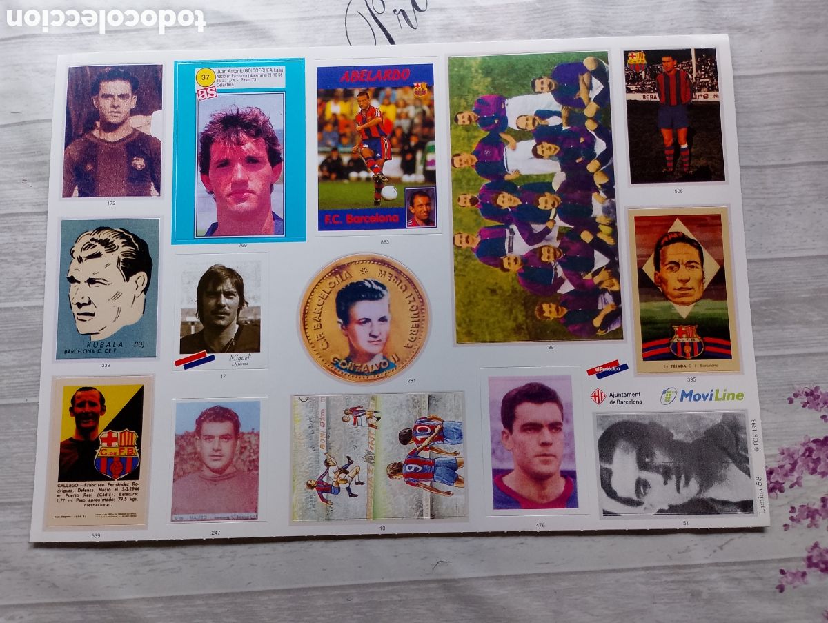 Cromos de F&uacute;tbol: L&aacute;mina FC Barcelona 58 con cromos adhesivos Bar&ccedil;a. Cent anys de records