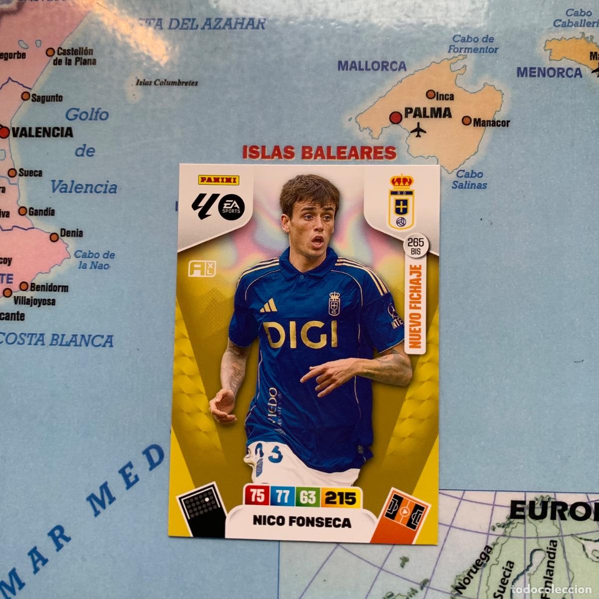 Cromos de F&uacute;tbol: Nico Fonseca nuevo fichaje n&uacute;mero 265 Bis del Oviedo cromo adrenalyn XL 25-26 2025-2026