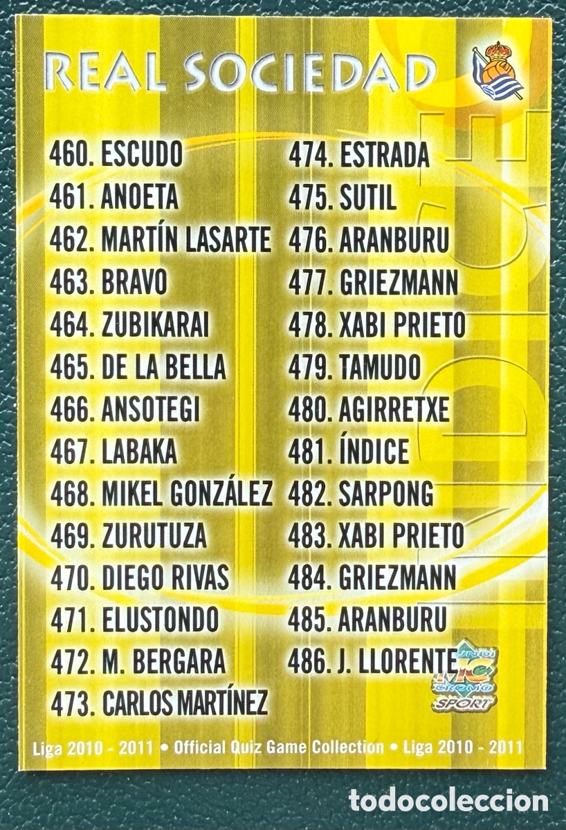 Cartes &agrave; collectionner de Football: 481 INDICE REAL SOCIEDAD FICHAS ALBUM MUNDICROMO 2010 2011 10 11