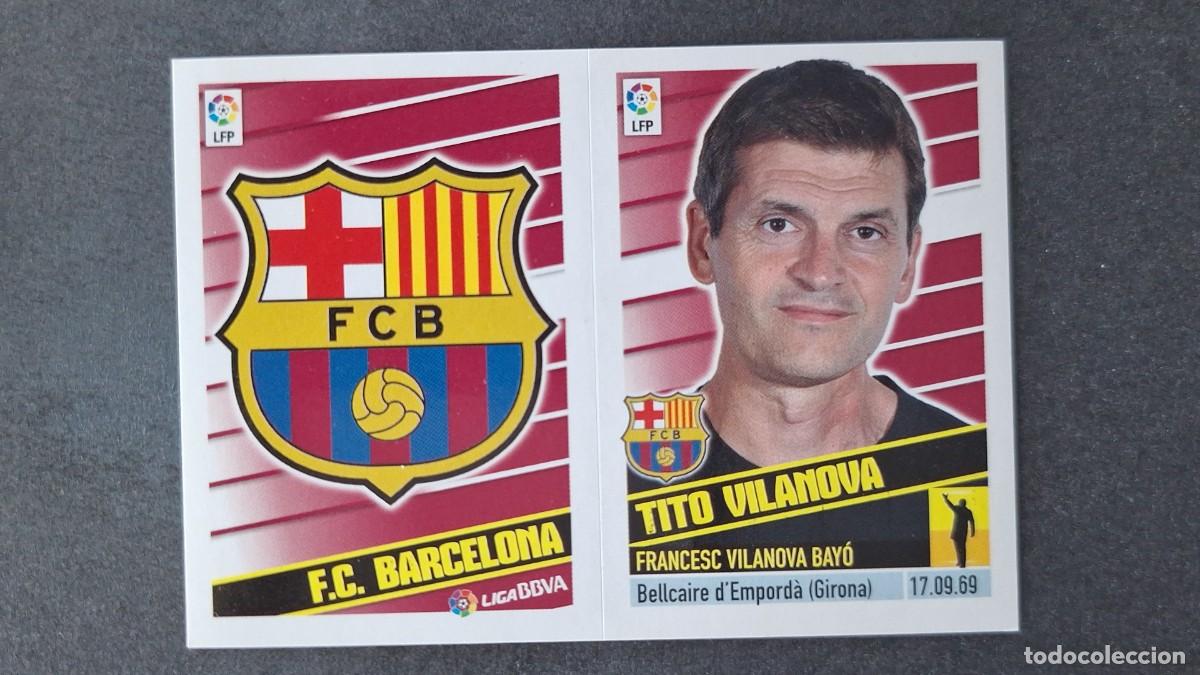Cromos de F&uacute;tbol: TITO VILANOVA ENTRENADOR - ESCUDO F. C. BARCELONA LIGA ESTE 2013/14 13 14 NUNCA PEGADO SIN PEGAR