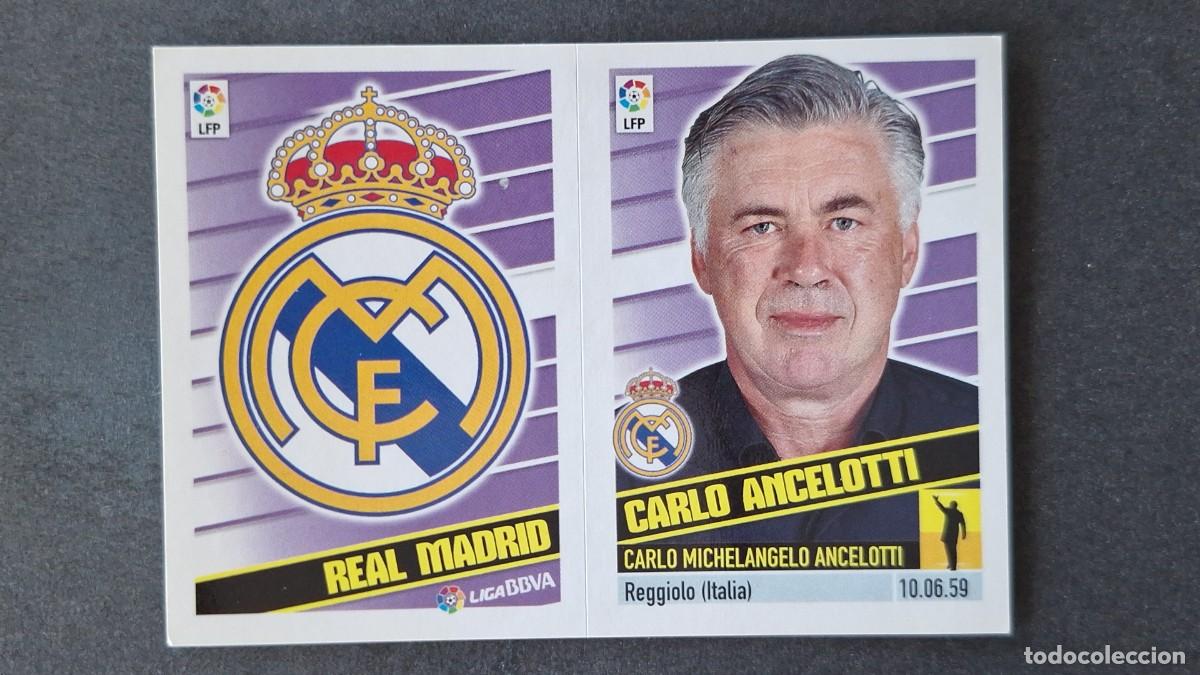 Cromos de F&uacute;tbol: CARLO ANCELOTTI ENTRENADOR - ESCUDO REAL MADRID LIGA ESTE 2013/14 13 14 NUNCA PEGADO SIN PEGAR