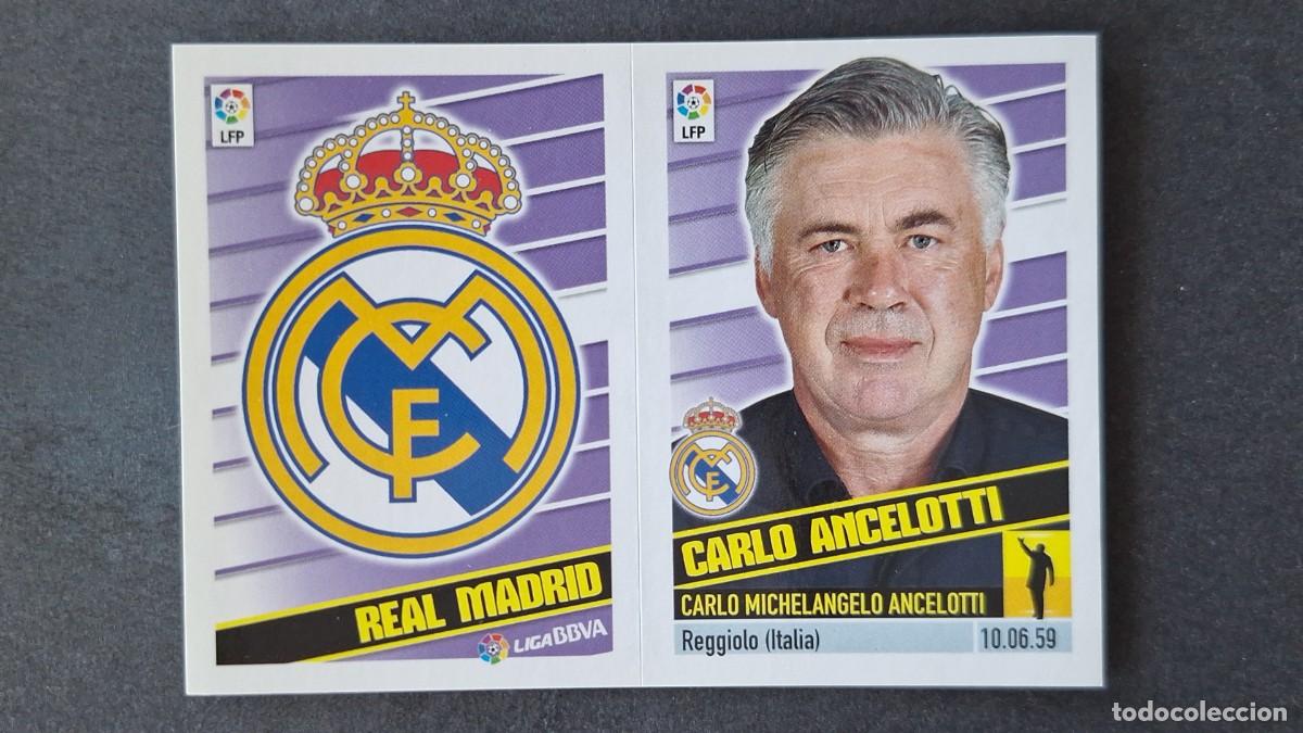 Cromos de F&uacute;tbol: CARLO ANCELOTTI ENTRENADOR - ESCUDO REAL MADRID LIGA ESTE 2013/14 13 14 NUNCA PEGADO SIN PEGAR
