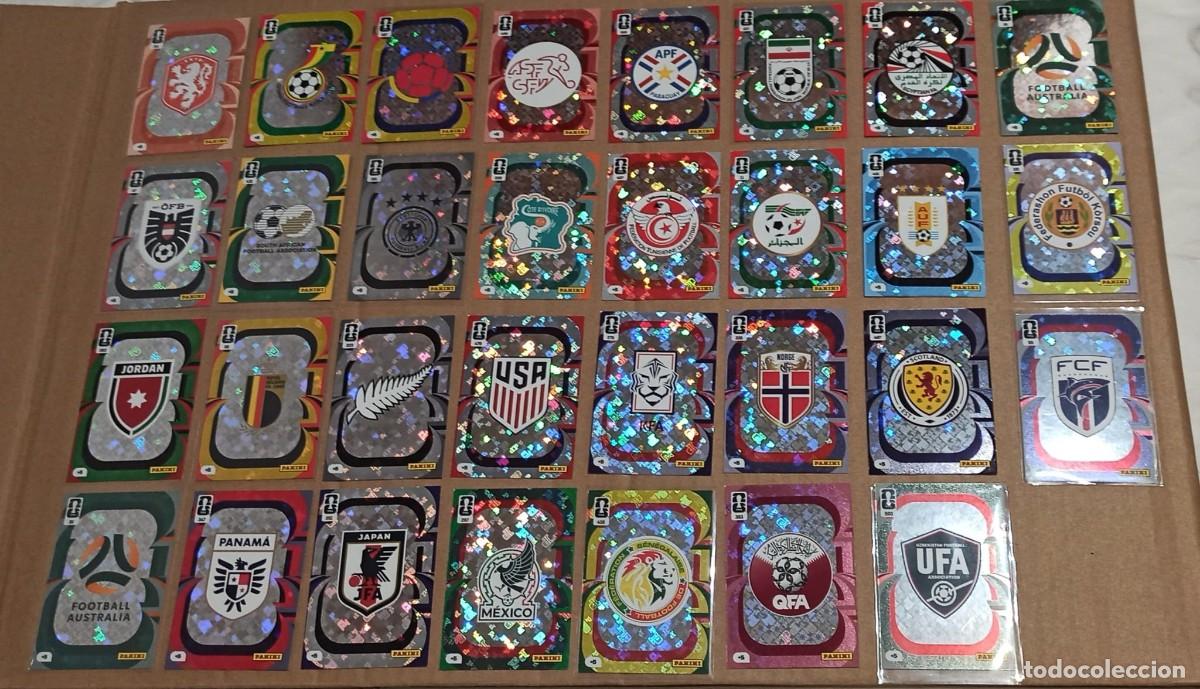 Cromos de F&uacute;tbol: PACK 31 ESCUDOS WORLD CUP 26 PANINI ESCOCIA ALEMANIA USA BELGICA URUGUAY NORUEGA PAISES BAJOS