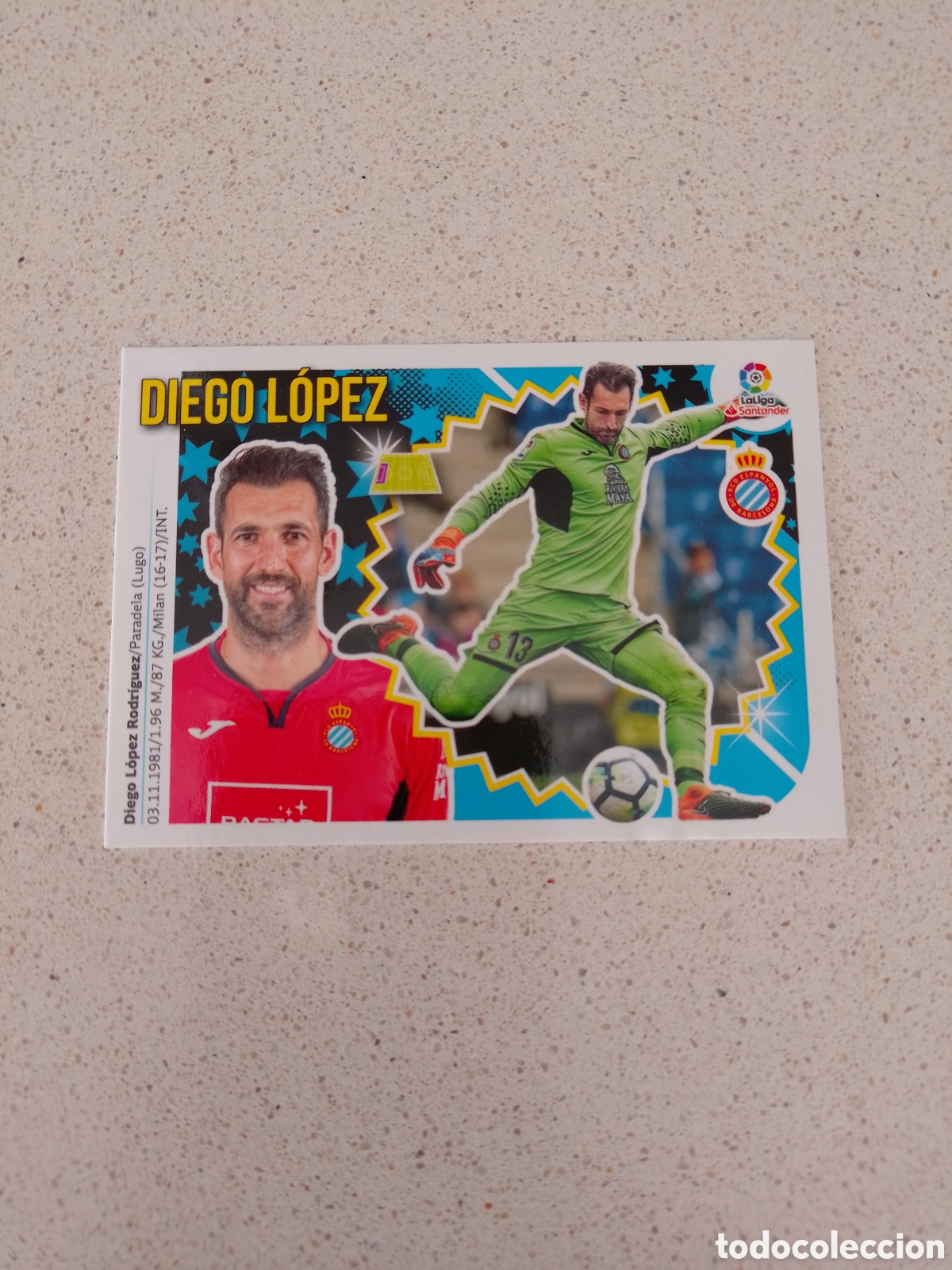 Cromos de F&uacute;tbol: CROMO N&Uacute;MERO 1 DIEGO L&Oacute;PEZ ESPANYOL. LIGA ESTE 18/19.