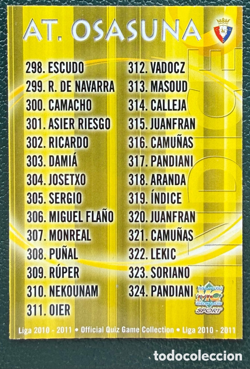 Cromos de F&uacute;tbol: 319 INDICE CA OSASUNA FICHAS ALBUM MUNDICROMO 2010 2011 10 11