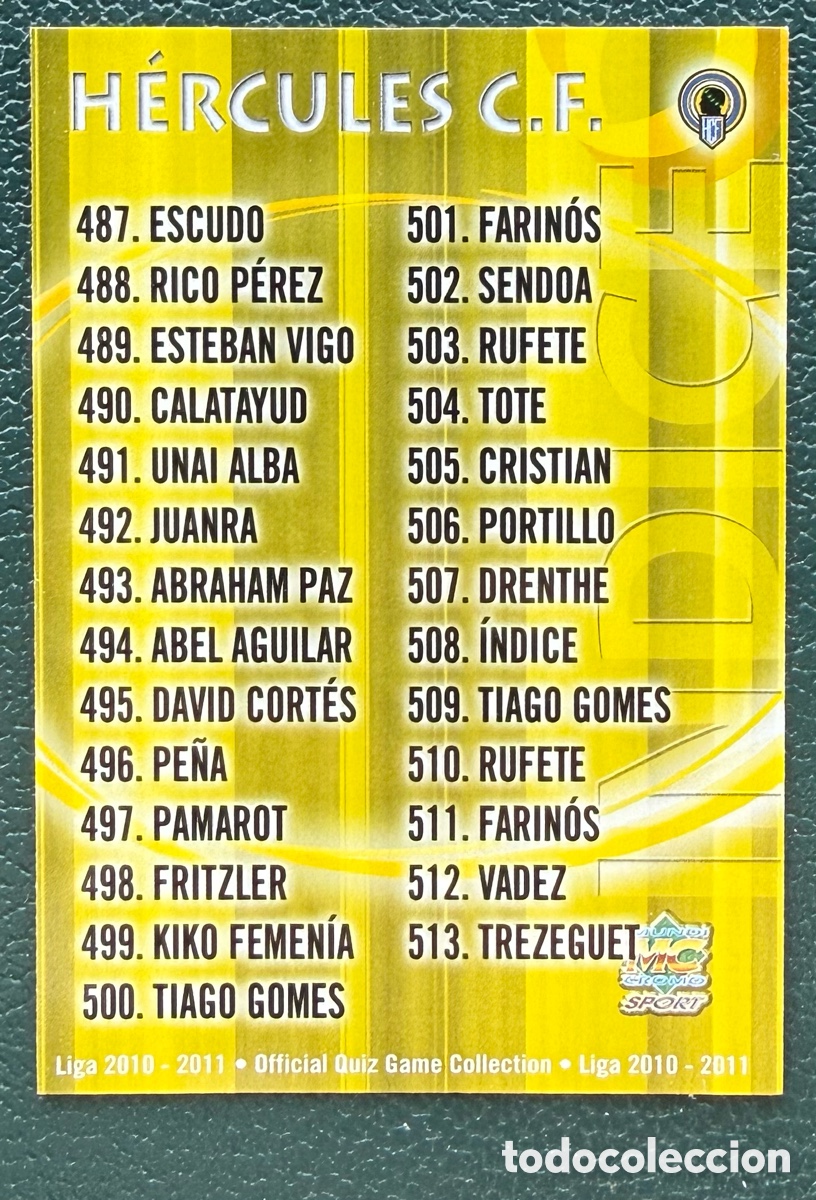 Cromos de Futebol: 508 INDICE HERCULES CF FICHAS ALBUM MUNDICROMO 2010 2011 10 11