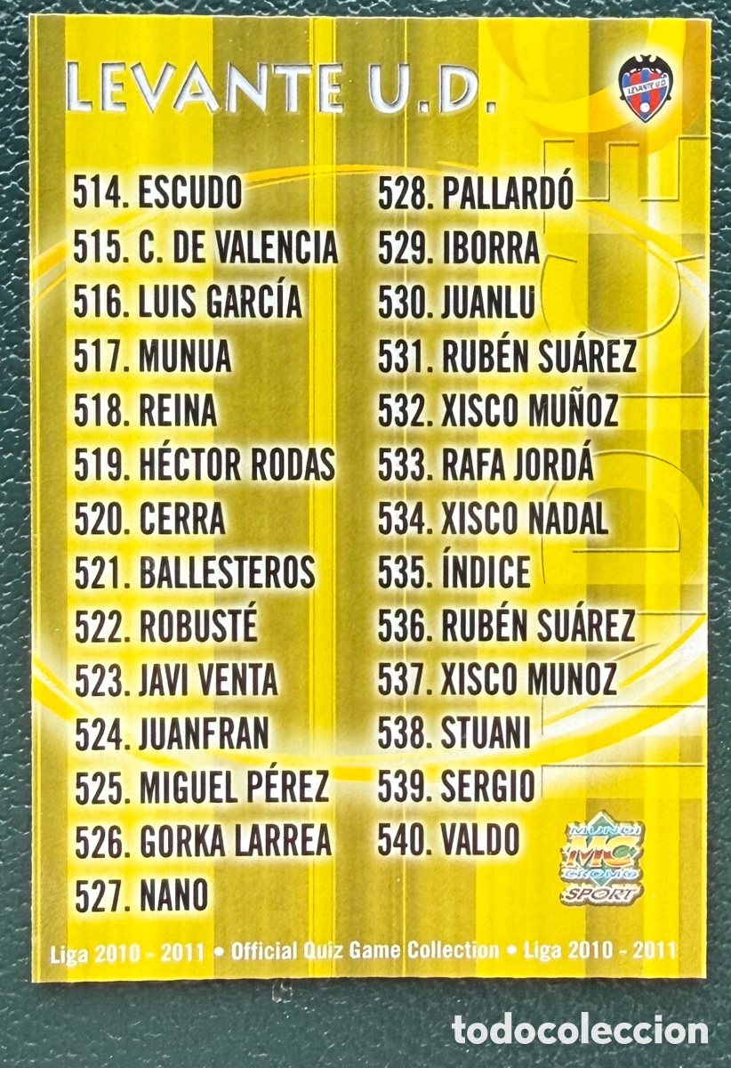 Cromos de Futebol: 535 INDICE LEVANTE UD FICHAS ALBUM MUNDICROMO 2010 2011 10 11