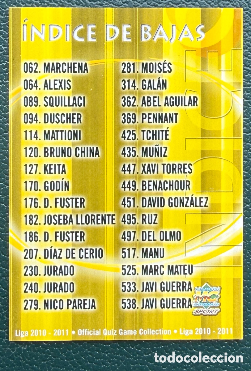 Fu&szlig;ball-Sticker: 641 FICHA INDICE DE BAJAS FICHAS ALBUM MUNDICROMO 2010 2011 10 11