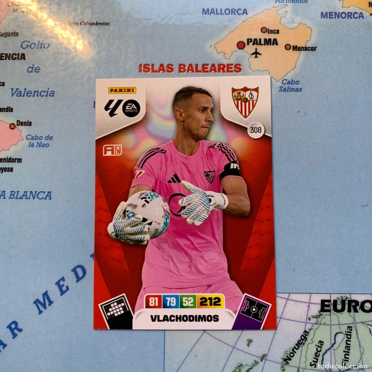 Fu&szlig;ball-Sticker: Vlachodimos n&uacute;mero 308 del Sevilla cromo adrenalyn XL 25-26 2025-2026