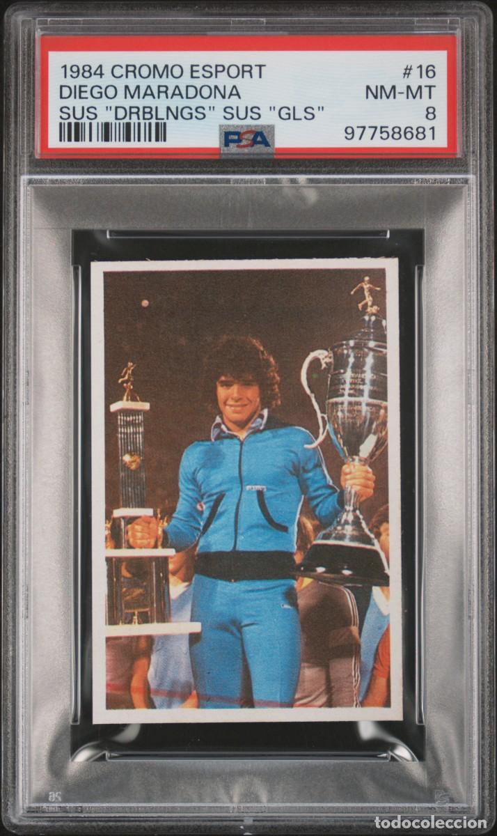 Cromos de F&uacute;tbol: Diego Maradona 1984 Sus Driblings sus Goles #16 Barcelona Bar&ccedil;a Cromo Esport PSA 8 NM MT