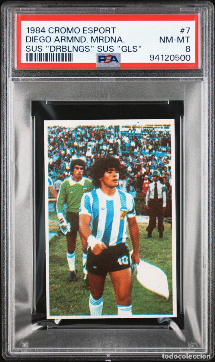 Cromos de F&uacute;tbol: Diego Maradona #7 FC Barcelona 1984 Driblings Cromo Esport PSA 8 NM MT