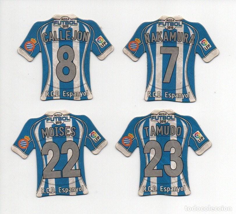 Cromos de F&uacute;tbol: 4 CAMISETAS IM&Aacute;N DEL R. C. D. ESPANYOL MEGA FUTBOL 2010. CALLEJON - NAKAMURA - MOISES - TAMUDO.
