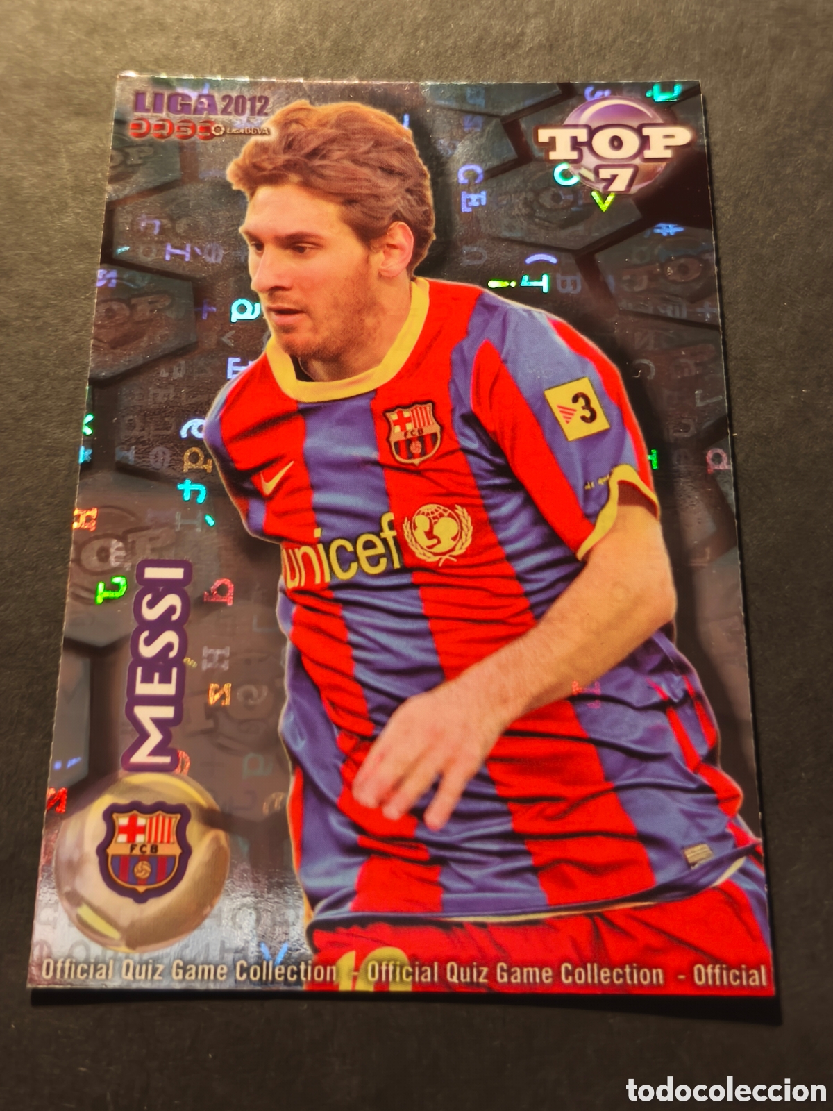 Cromos de F&uacute;tbol: 595 MESSI TOP7 FC BARCELONA MUNDICROMO FICHAS LIGA 2012 FONDO AZUL LETRAS