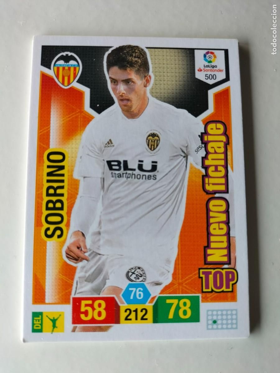 Cromos de F&uacute;tbol: 1 CROMO FICHA PANINI ADRENALYN TEMPORADA 18-19 2018-2019 VALENCIA C.F 500 SOBRINO FICHAJE TOP NUEVO