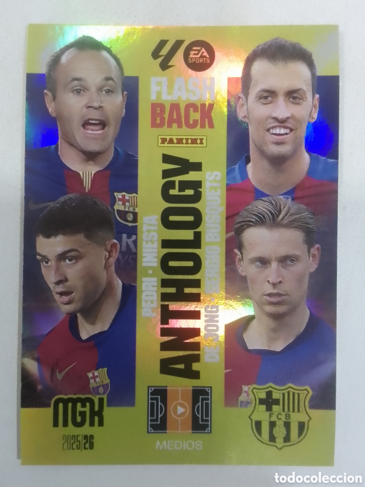 Cromos de F&uacute;tbol: Megacracks 2025/26 n&deg; 435 Pedri &bull; Iniesta &bull; De Jong &bull; Sergio Busquets - Barcelona. FLASH BACK ANTHOL