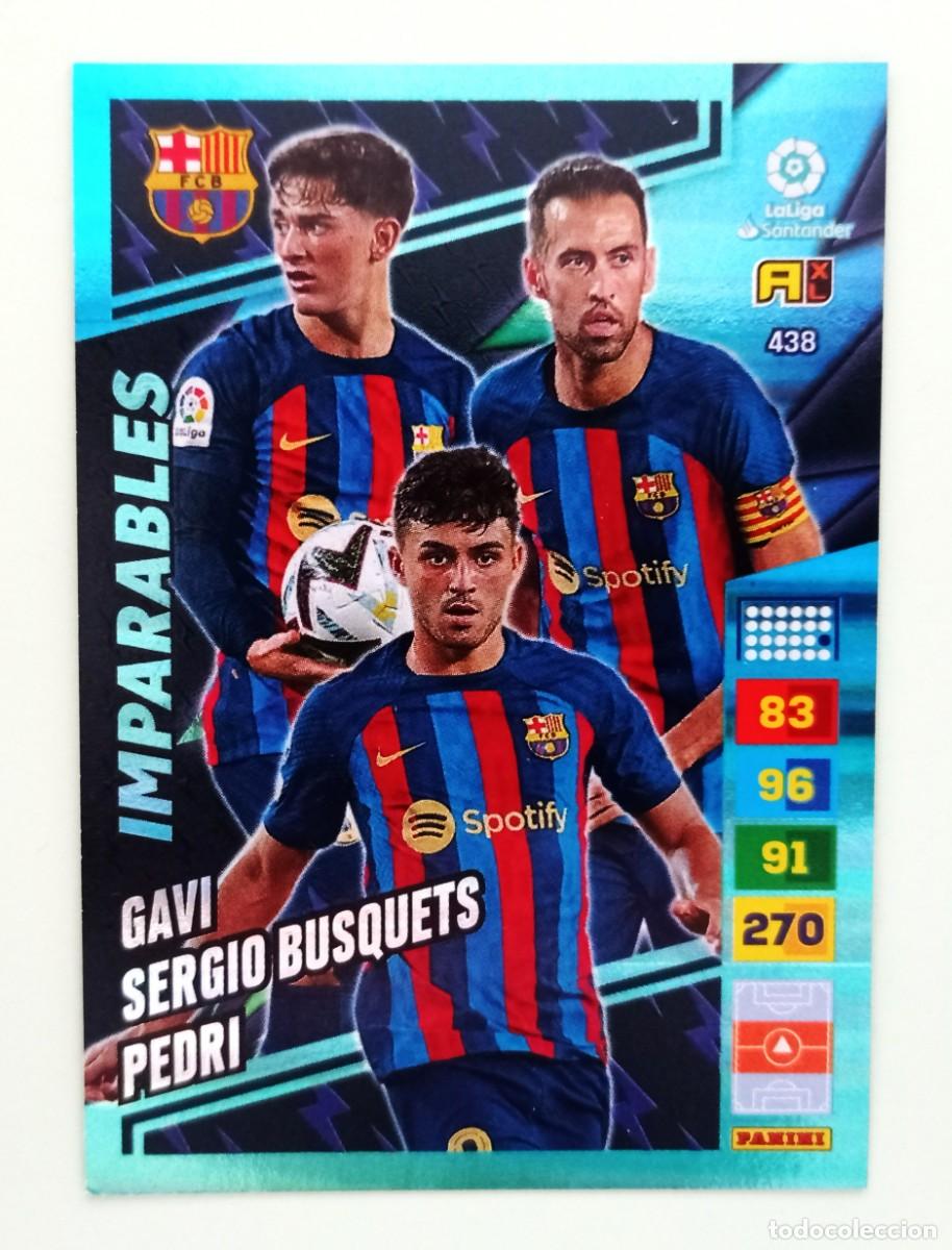 Cromos de F&uacute;tbol: ADRENALYN XL 2022-2023 (N&ordm; 438 GAVI, SERGIO BUSQUETS & PEDRI - F.C. BARCELONA) (IMPARABLES)