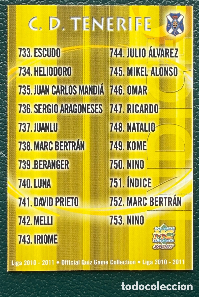 Cromos de Futebol: 751 INDICE CD TENERIFE FICHAS ALBUM MUNDICROMO 2010 2011 10 11