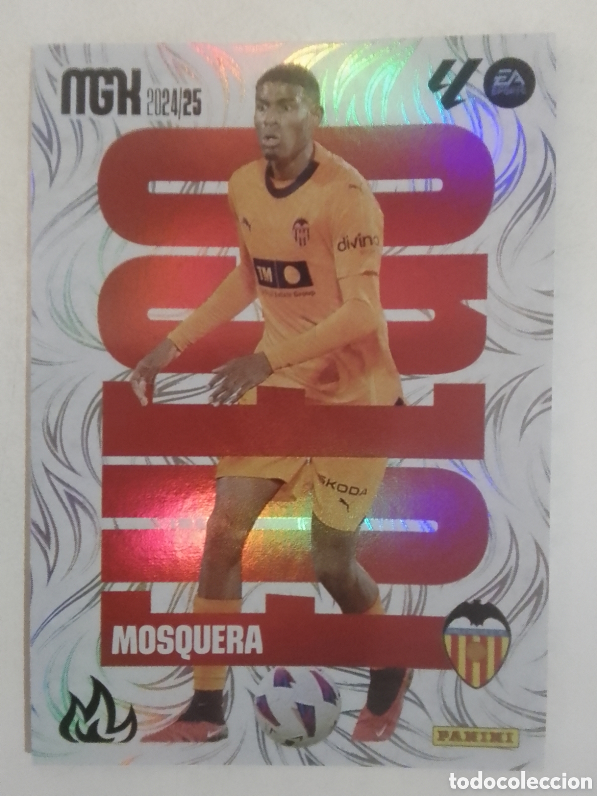 Cromos de F&uacute;tbol: Megacracks 2025/26 n&deg; 385 Mosquera &bull; Valencia. FUEGO.