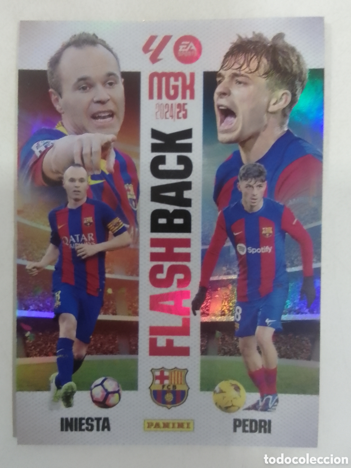 Cromos de F&uacute;tbol: Megacracks 2024-25 n&deg; 427 Iniesta &bull; Pedri - Barcelona. FLASH BACK.