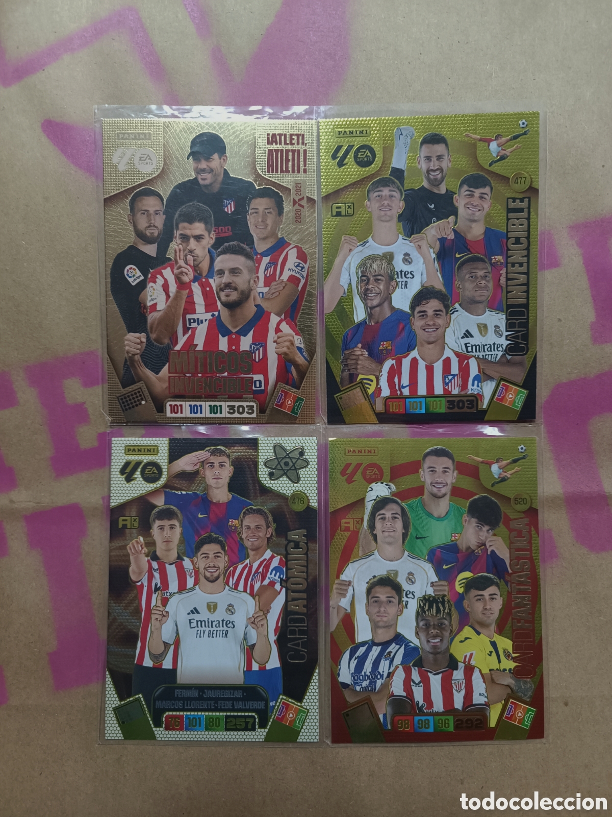 Cromos de F&uacute;tbol: 4 Pack Adrenalyn 2025 2026 /// Card At&oacute;mica, Invencible, fant&aacute;stica y M&iacute;ticos invencible