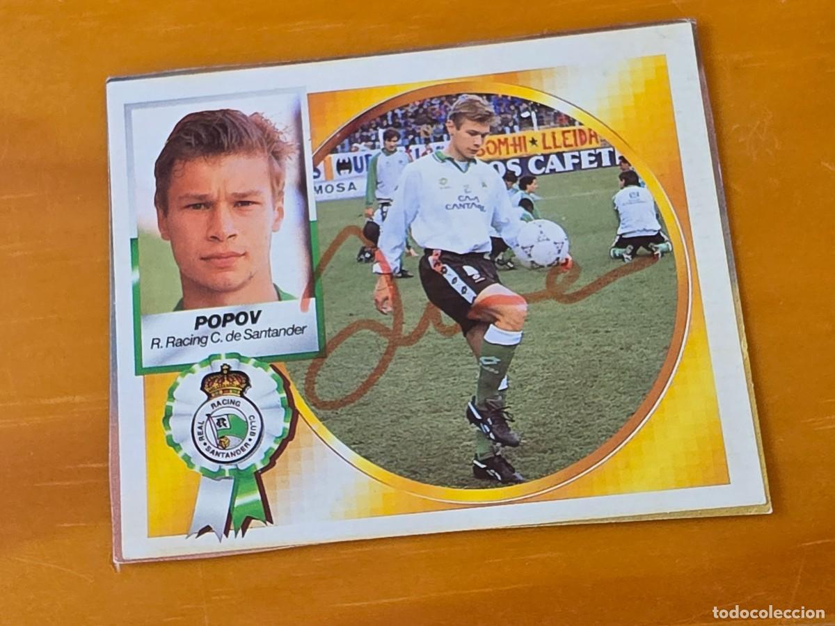 Football Stickers: Cromo firmado de Popov con aut&oacute;grafo, Racing de Santander, recortado del &aacute;lbum