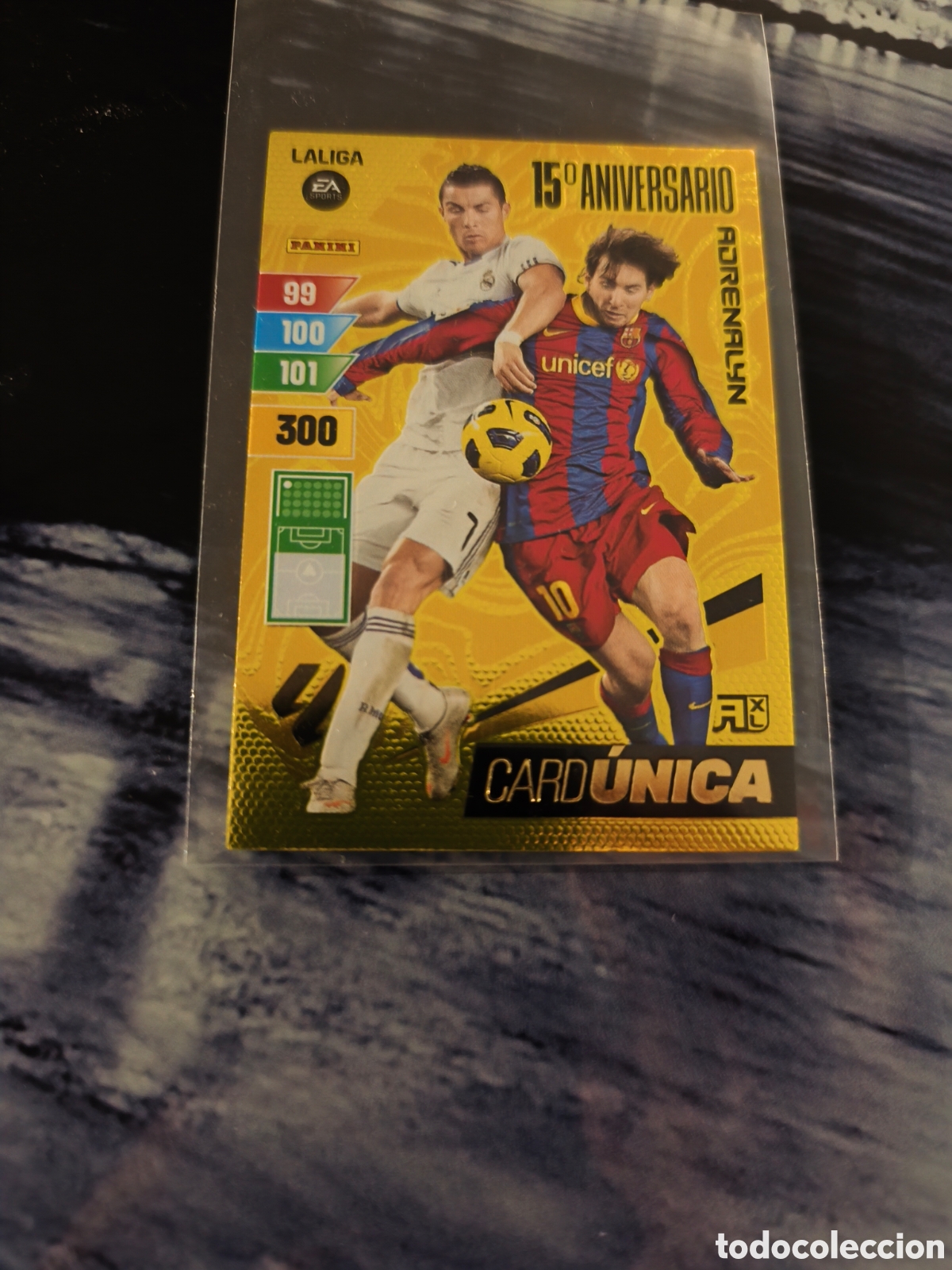 Cromos de F&uacute;tbol: Card &Uacute;nica 15&ordm; Aniversario Adrenalyn XL 2023-24 Messi & Cristiano Ronaldo RARA